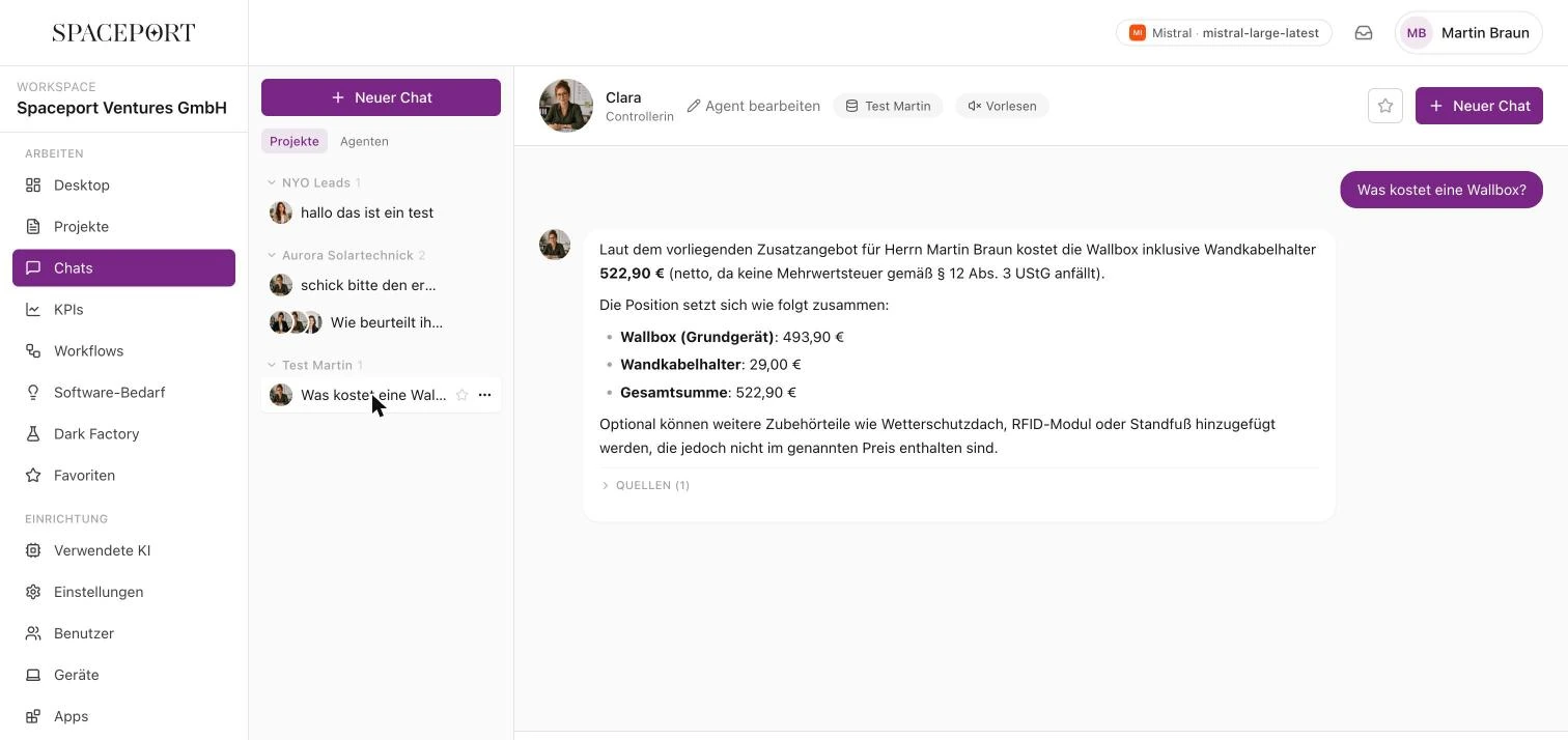 Screenshot vom Wissen-Datenbank-Chat in Spaceport AI